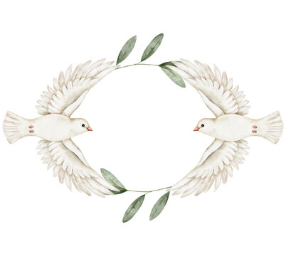 Two white doves facing each other wreath with olive leaves, watercolor artwork for memorial templates, wedding invitation, remembrance cards, spiritual greeting, or peace-themed design projects. - Powered by Adobe