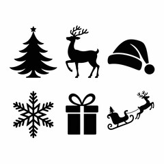 Naklejka premium Christmas Silhouette Symbols: A collection of festive silhouettes, including a christmas tree, reindeer, santa hat, snowflake, gift and santa sleigh, celebrating the holiday spirit