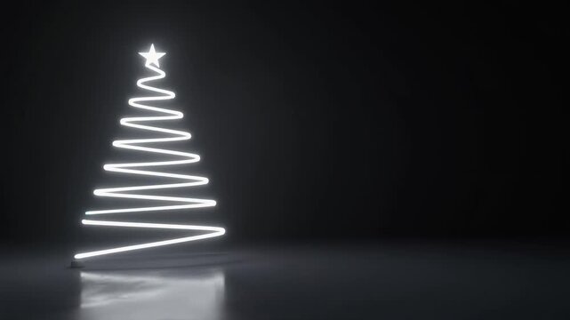 A minimalist, glowing white neon Christmas tree outline against a dark, moody background. Christmas video background with copy space.