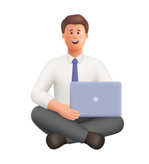 Young smiling businessman Ted sitting cross legged with laptop on her lap. Freelance, online learning, work at home and remote work concept. 3d vector people character. Cartoon minimal style.