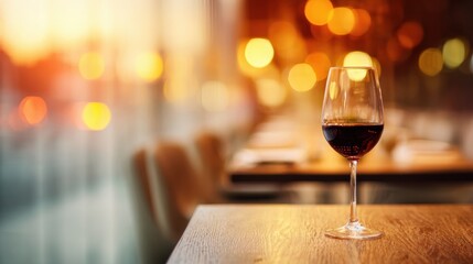 Obraz premium Red wine glass placed on wooden table during sunset in a restaurant