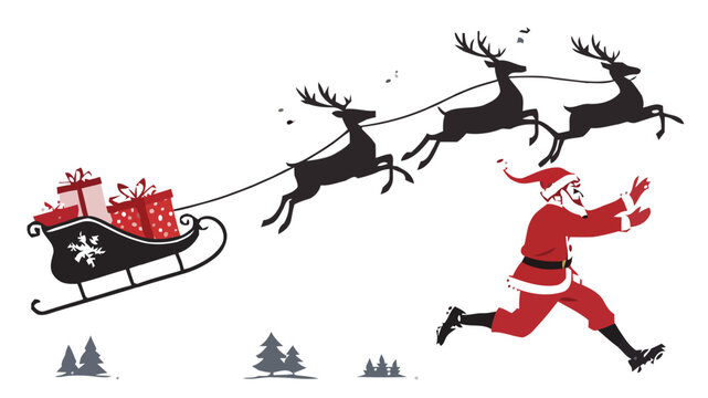 Funny Santa Claus hilariously chasing his runaway sleigh pulled by reindeer across a snowy winter landscape