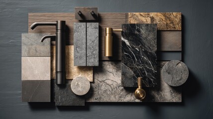 bathroom renovation moodboard with tile samples, faucet parts, marble