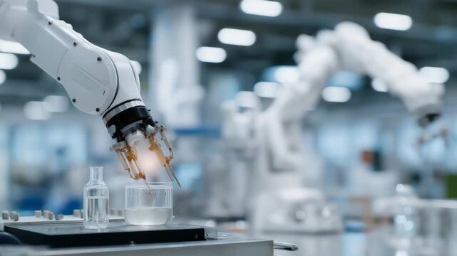 Autonomous robotic arms performing simultaneous capsule filling and chemical analysis in sterile pharmaceutical lab, symbolizing precision, efficiency, and next-level healthcare innovation.