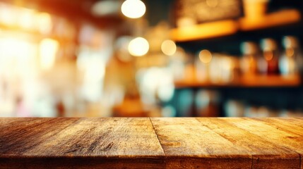 Wooden table in a cafe with blurred background of shelves and lights