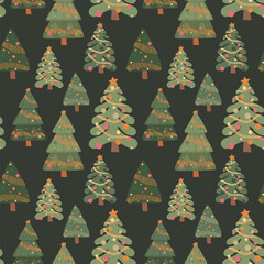 Christmas Trees Seamless Pattern. Hand Drawn Holiday Forest Background for Wrapping Paper, Textiles, Fabrics, Packaging, Holidays Cards