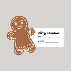 Christmas gift tag with smiling gingerbread man and Merry Christmas text. Includes blank To and From lines for personalized holiday gift-giving. Cheerful seasonal design for festive packaging