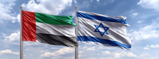 Flags of United Arab Emirates and Israel flying side by side under a clear blue sky