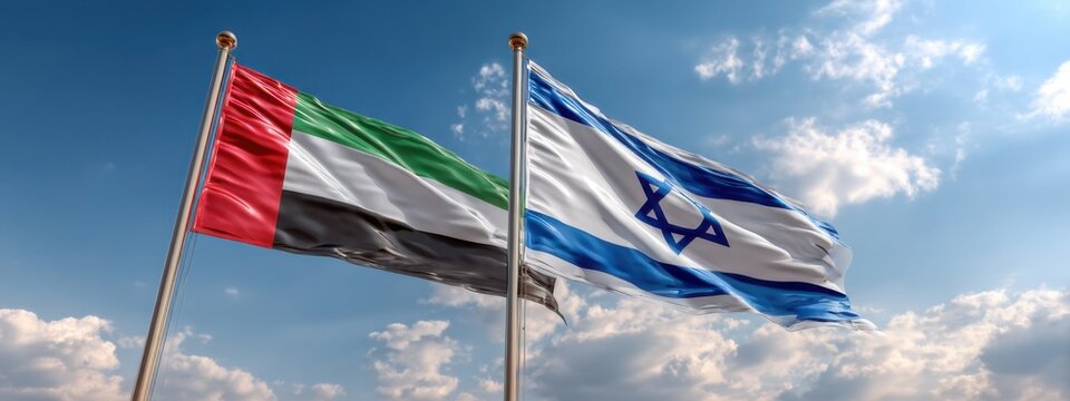 Flags of Israel and United Arab Emirates waving together in the sky during a sunny day represent diplomatic ties between the two nations
