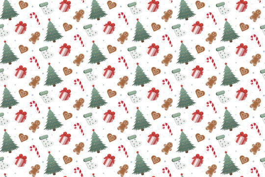 Seamless Christmas pattern with decorated trees, candy canes, gingerbread cookies, stockings, and gifts. White background with blue snowflakes. Festive design for wrapping paper and seasonal decor