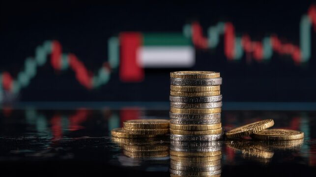 Coins stacked on a reflective surface in front of a trading chart and flag during a financial market analysis - Powered by Adobe