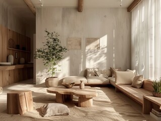 Cozy living room interior with natural sunlight streaming