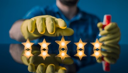 Professional cleaner showcasing five golden stars for excellent service and top-rated customer satisfaction