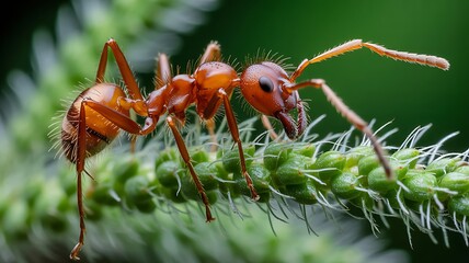 Red ant walking on a green branch in nature close-up