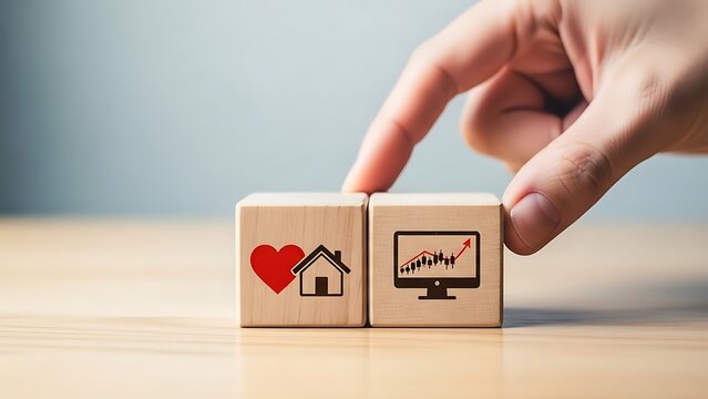 Hand placing wooden cube with heart and house on top of cube with people and technology - Powered by Adobe