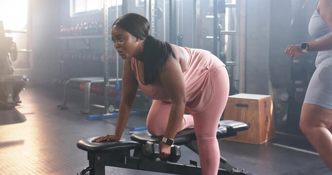 Diverse women friends bracing knee hand on bench woman in pink rowing hex dumbbell gaining strength