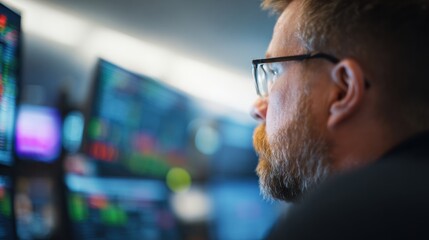 Man monitors stock market trends while analyzing data on multiple screens