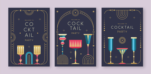 Set of holiday cocktail party posters with cocktail and champagne glasses. Restaurant menu design. Frame design. Vector illustration