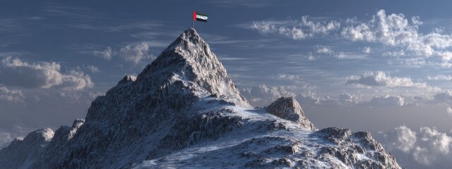 Snow covered mountain with a flag at the summit in a cloudy sky during daytime