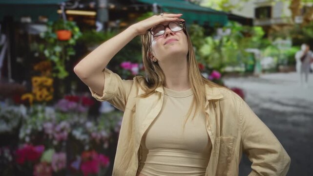 Woman wearing glasses shades eyes with hand at busy outdoor flower market stall with rows of colorful blossoms; relief.