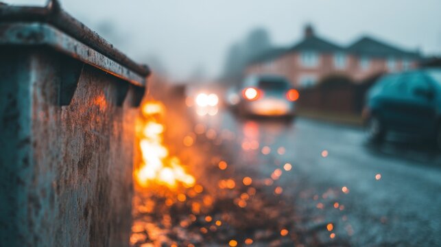 Flames near a garbage bin on a rainy street during evening hours