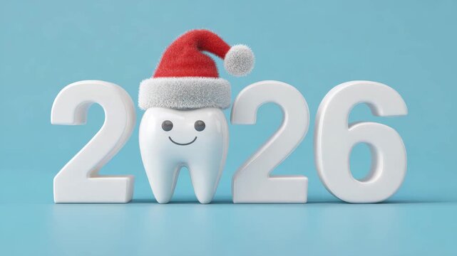A cheerful tooth wearing a Santa hat stands next to the numbers 2026. This fun image brings holiday joy and marks the start of a new year filled with bright smiles