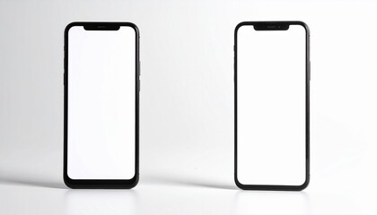 ライトグレー背景に直立する2つの白抜き画面のスマートフォンのモックアップ　白いディスプレイのスマホ