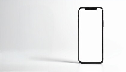 ライトグレー背景に直立する白抜き画面のスマートフォンのモックアップ　白いディスプレイのスマホ