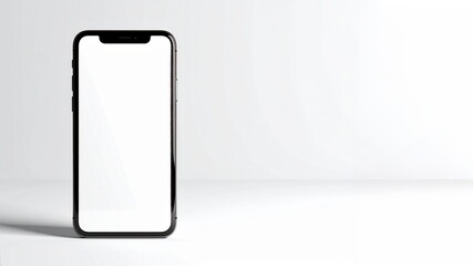 ライトグレー背景に直立する白抜き画面のスマートフォンのモックアップ　白いディスプレイのスマホ