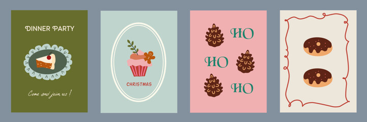 Merry Christmas card designs set. Modern winter template cute hand drawn vector with pie, cake, dessert elements. Vintage italian whimsical style. La dolce Vita.