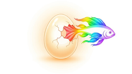 Obraz premium A rainbowtailed fish hatches from a glowing cracked egg on a white background