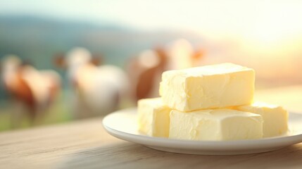 Butter on a plate with cows grazing in the background at sunset
