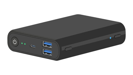 Black portable power bank illustration with USB ports and indicators