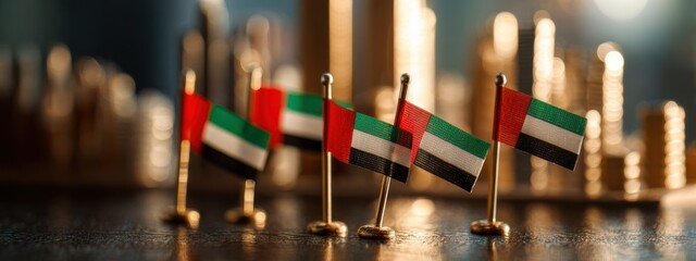 Miniature flags of United Arab Emirates arranged on a table with a blurred background of golden structures