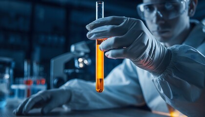 Focused Scientist Examines Vibrant Orange Liquid in Test Tube within a Modern Research Laboratory