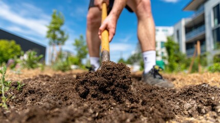 Person digging in dirt at community garden on sunny day