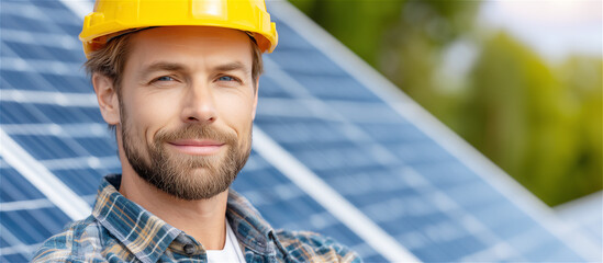 Smiling engineer wearing protective helmet standing near solar panels, representing clean energy industry, sustainability and modern environmental solutions.