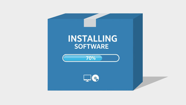 Blue software installation box showing 70 progress icons below