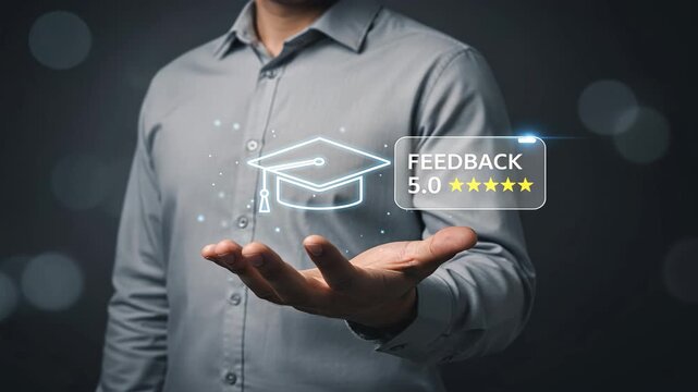 Man holding glowing graduation cap and feedback five stars and text feedback, customer feedback, positive review education concept