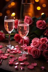 pink roses and glasses on the Valentine's celebration table