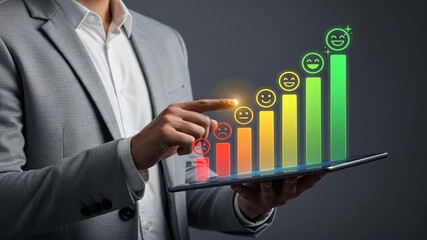 Businessman hand holding tablet with glowing satisfaction bar and emojis icons, customer feedback, positive review analytics - Powered by Adobe