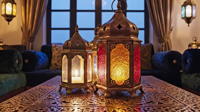 A beautifully composed video featuring a trio of exquisite, ornate metal lanterns illuminating a luxurious, traditionally styled interior space. The large lantern showcases vibrant red and amber patte