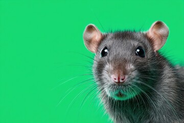 Walking pet rat isolated on a green screen. Gray mouse sniffing the air, eating, looking at camera on green background. Wild Animal on chroma key backdrop. Wildlife, games, 3d animation. Brown Rattus