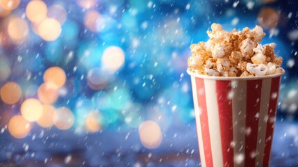 Popcorn in a cup on a snowy day with blurred colorful lights in background