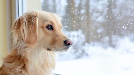 Dog looking out the window at snow during winter day