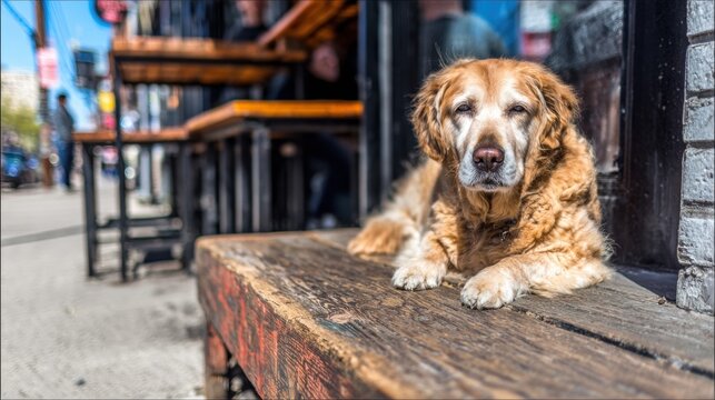 Golden retriever rests on wooden bench outside cafe during sunny day in city - Powered by Adobe