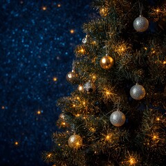 Abstract Merry Christmas and New Year design holiday card with snowflakes Sparkling christmas tree is shining with gold and silver lights 