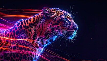 Digital painting of a majestic jaguar with vibrant, neon-colored energy streaks, and dark background