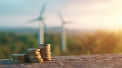Coins stacked on a surface with wind turbines in the background at sunset
