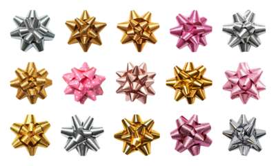PNG Colorful metallic gift bows collection, element set on transparent background